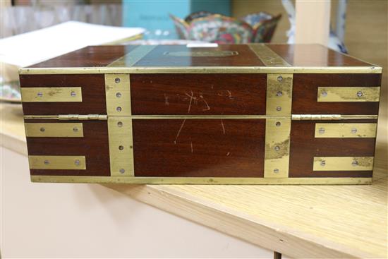 A 19th century mahogany and brass bound pistol box, adapted interior 25 x 33cm